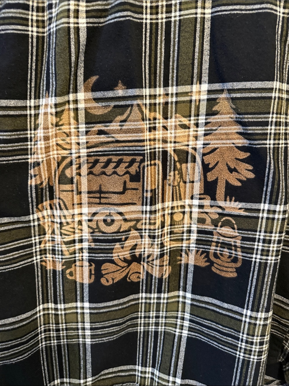 Men's Black and Olive Plaid Shirt with Tan Camper Graphic